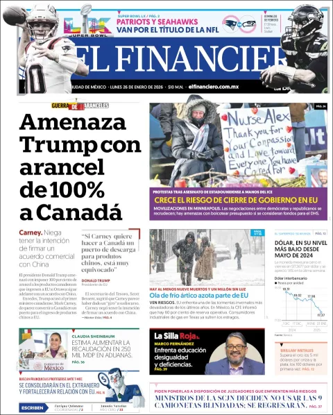 Portada de El Financiero del lunes, 26 de enero de 2026
