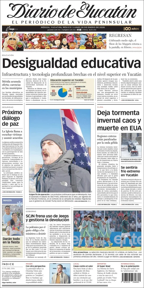 Portada de Diario de Yucatán del lunes, 26 de enero de 2026