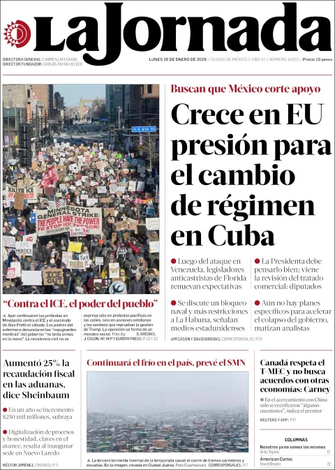 Portada de La Jornada del lunes, 26 de enero de 2026