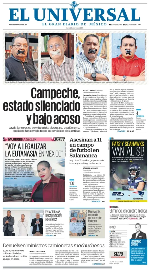 Portada de El Universal del lunes, 26 de enero de 2026