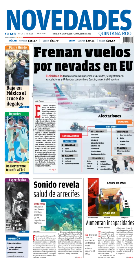 Portada de Novedades Quintana Roo del lunes, 26 de enero de 2026