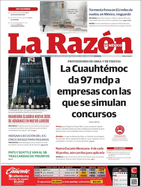 Portada de La Razon del lunes, 26 de enero de 2026