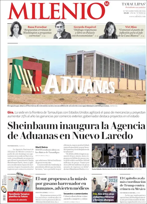Portada de Milenio Tamaulipas del lunes, 26 de enero de 2026