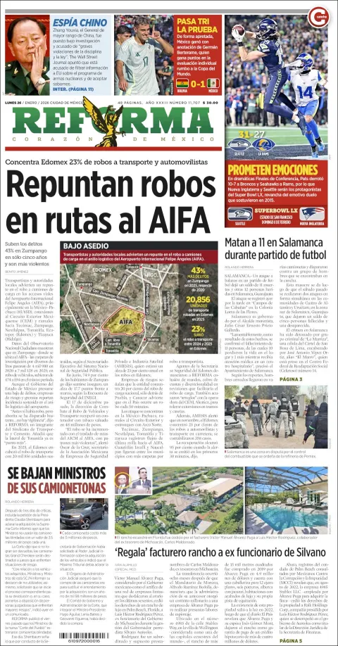 Portada de Reforma del lunes, 26 de enero de 2026