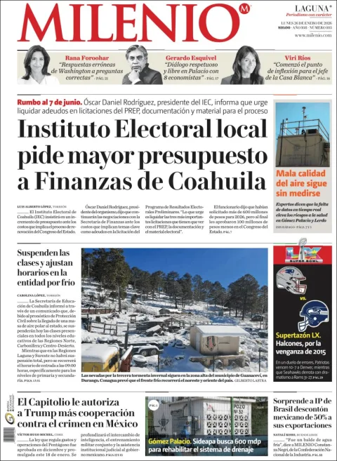 Portada de Milenio Laguna del lunes, 26 de enero de 2026