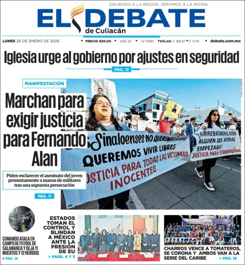 Portada de El Debate de Culiacan del lunes, 26 de enero de 2026
