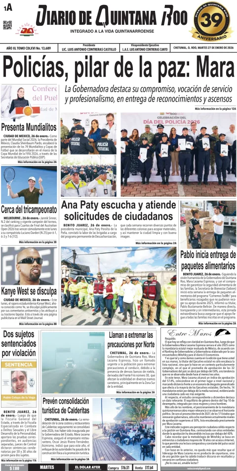 Portada de Diario de Quintana Roo (portada) del martes, 27 de enero de 2026