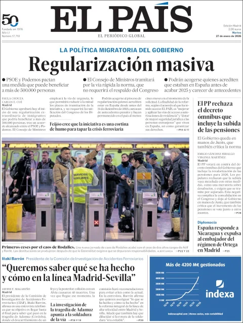 Portada de El Pais del martes, 27 de enero de 2026