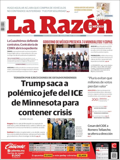 Portada de La Razon del martes, 27 de enero de 2026