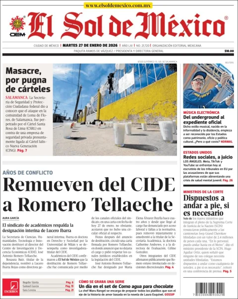 Portada de El Sol de Mexico del martes, 27 de enero de 2026