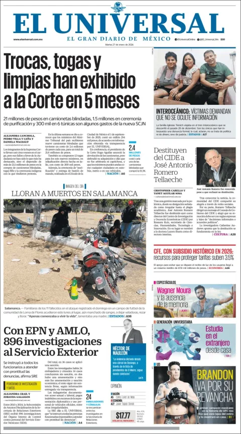 Portada de El Universal del martes, 27 de enero de 2026