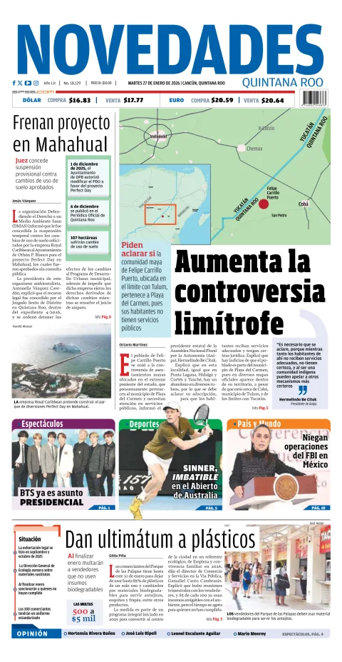 Portada de Novedades Quintana Roo del martes, 27 de enero de 2026
