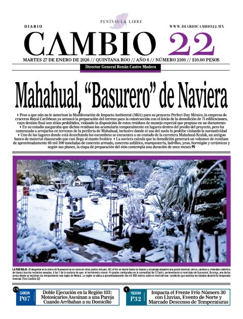 Portada de Diario Cambio 22 (portada) del martes, 27 de enero de 2026