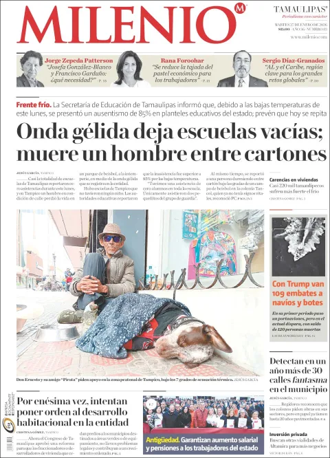 Portada de Milenio Tamaulipas del martes, 27 de enero de 2026