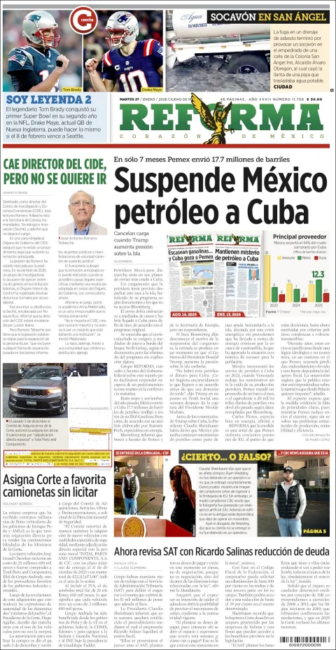 Portada de Reforma del martes, 27 de enero de 2026