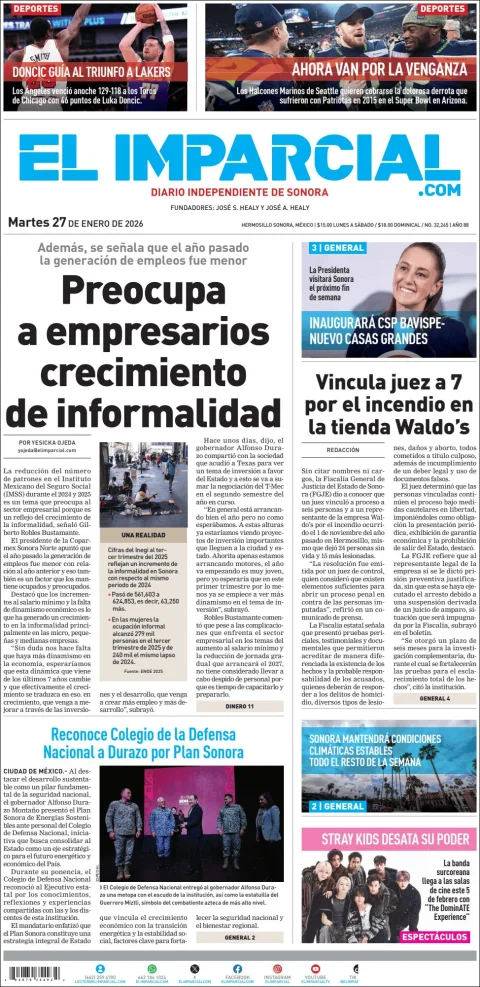 Portada de El Imparcial del martes, 27 de enero de 2026