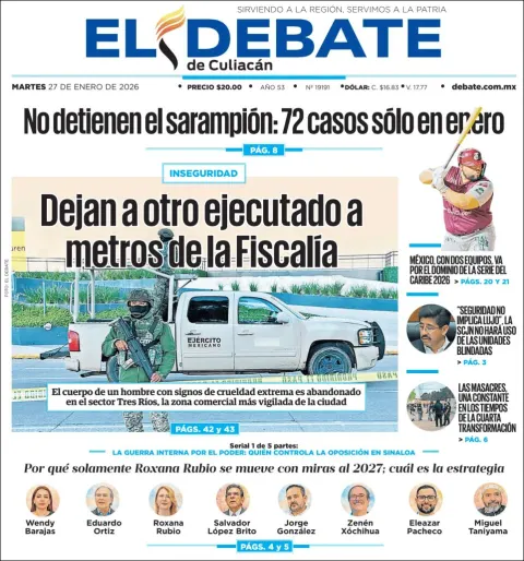 Portada de El Debate de Culiacan del martes, 27 de enero de 2026