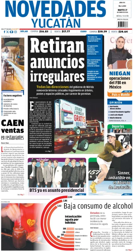 Portada de Novedades Yucatan del martes, 27 de enero de 2026