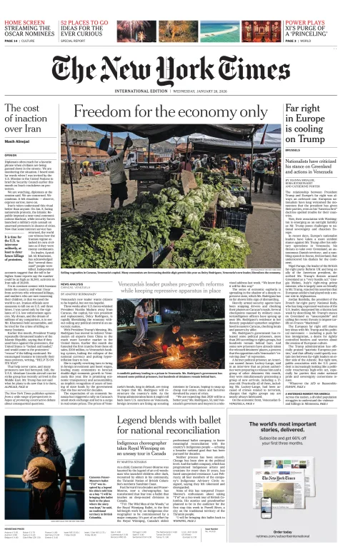 Portada de The New York Times (international) del miércoles, 28 de enero de 2026