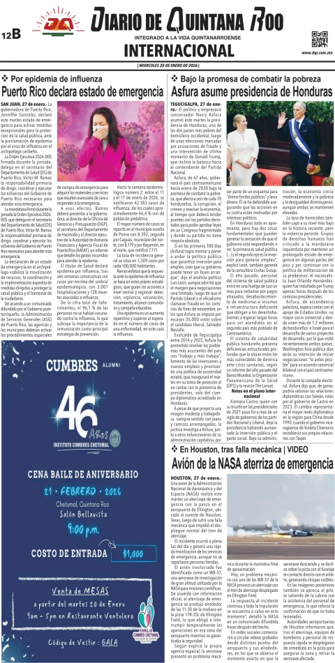 Portada de Diario de Quintana Roo (contra Portada) del miércoles, 28 de enero de 2026