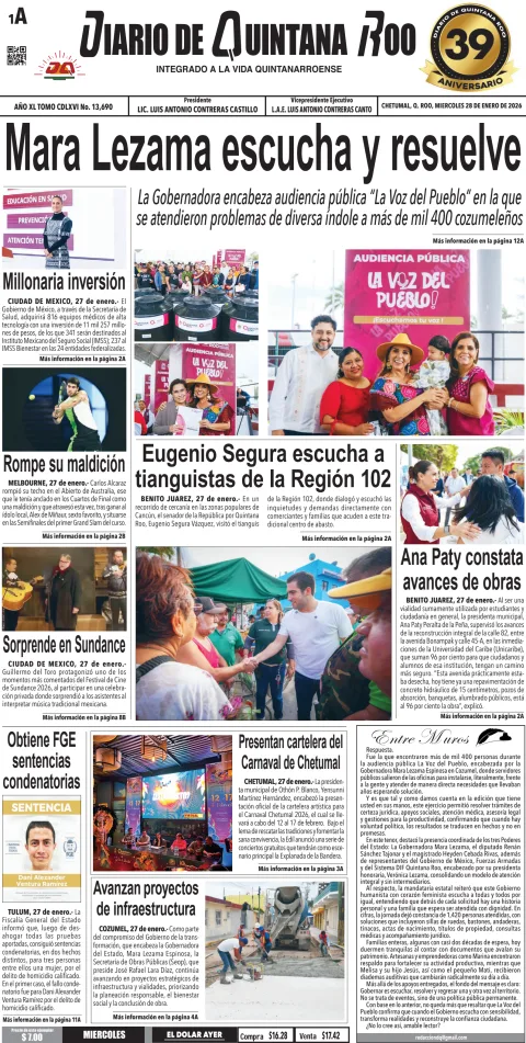 Portada de Diario de Quintana Roo (portada) del miércoles, 28 de enero de 2026