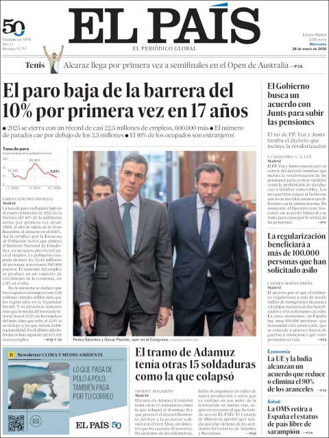 Portada de El Pais del miércoles, 28 de enero de 2026