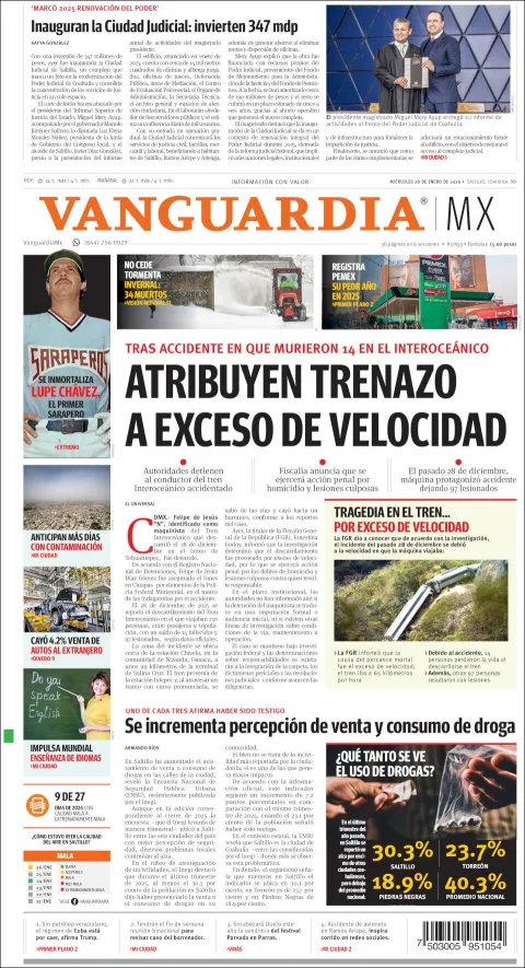 Portada de Vanguardia del miércoles, 28 de enero de 2026