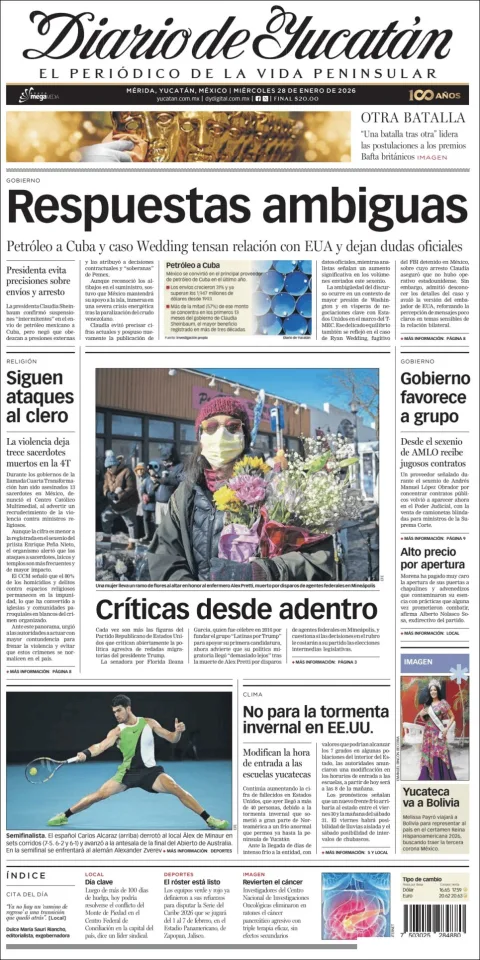 Portada de Diario de Yucatán del miércoles, 28 de enero de 2026