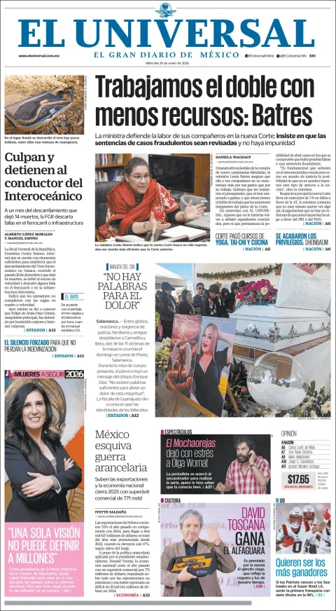 Portada de El Universal del miércoles, 28 de enero de 2026
