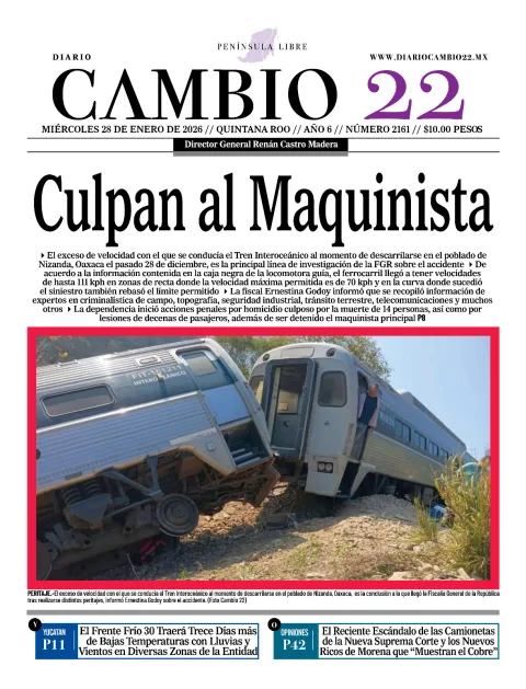 Portada de Diario Cambio 22 (contraportada) del miércoles, 28 de enero de 2026