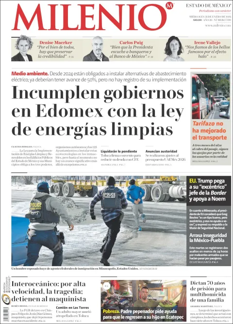 Portada de Milenio Edo de Mexico del miércoles, 28 de enero de 2026