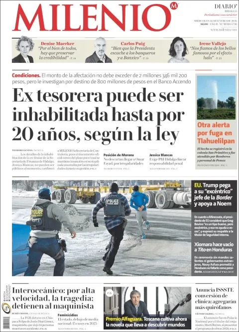 Portada de Milenio Hidalgo del miércoles, 28 de enero de 2026