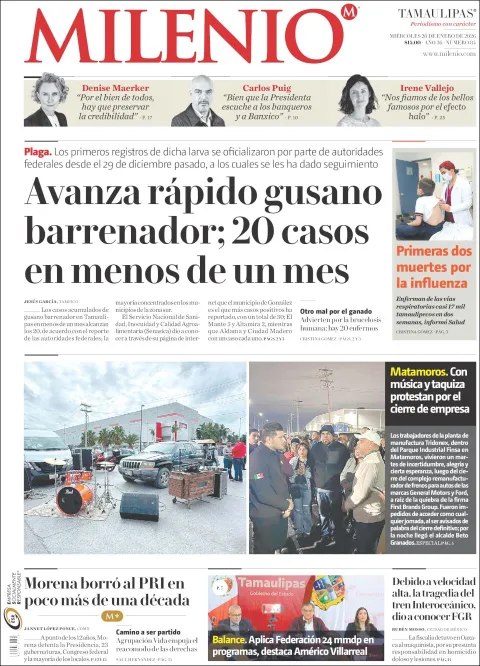Portada de Milenio Tamaulipas del miércoles, 28 de enero de 2026