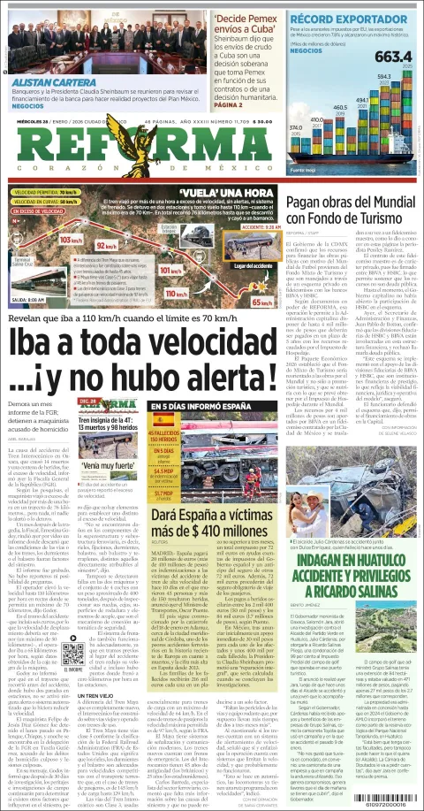 Portada de Reforma del miércoles, 28 de enero de 2026