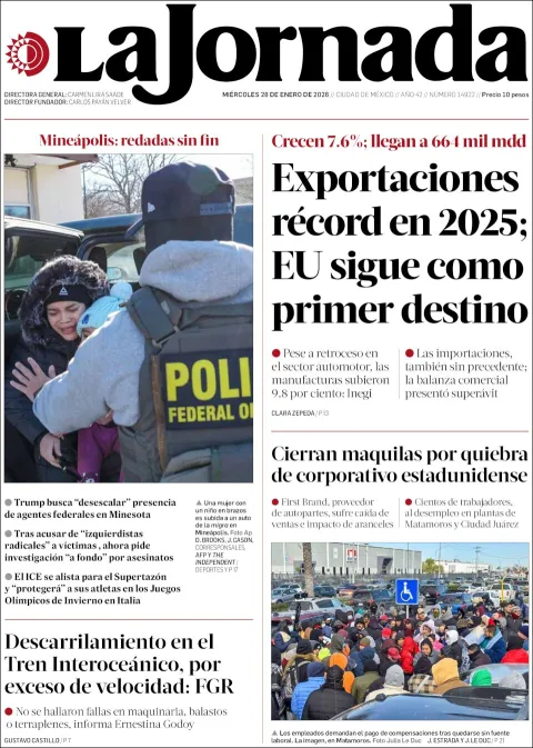 Portada de La Jornada del miércoles, 28 de enero de 2026