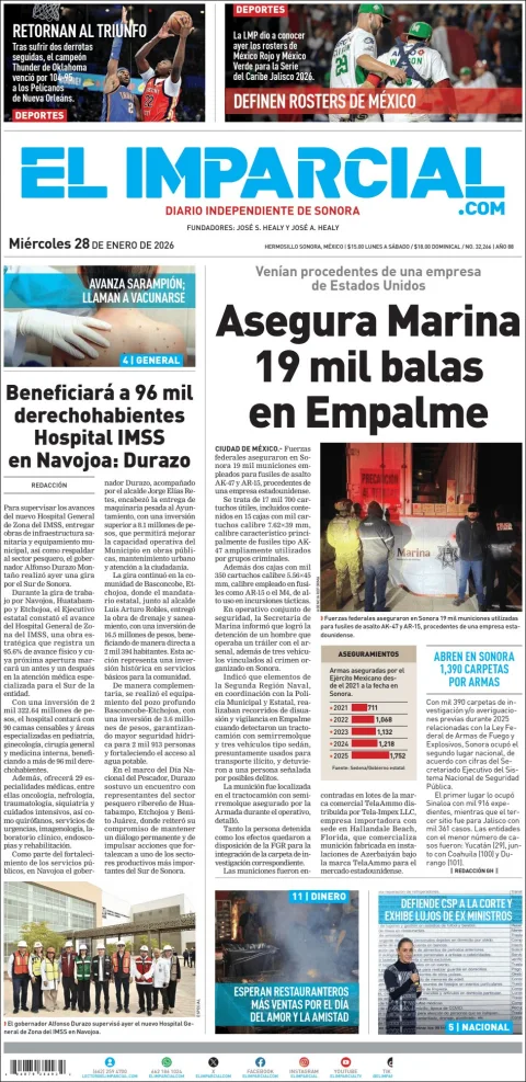 Portada de El Imparcial del miércoles, 28 de enero de 2026
