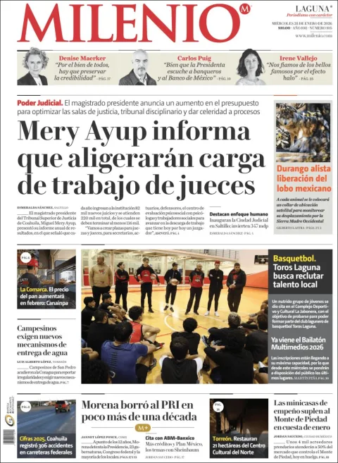 Portada de Milenio Laguna del miércoles, 28 de enero de 2026