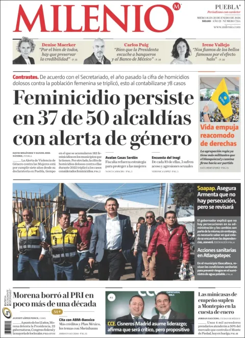 Portada de Milenio Puebla del miércoles, 28 de enero de 2026