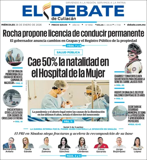 Portada de El Debate de Culiacan del miércoles, 28 de enero de 2026