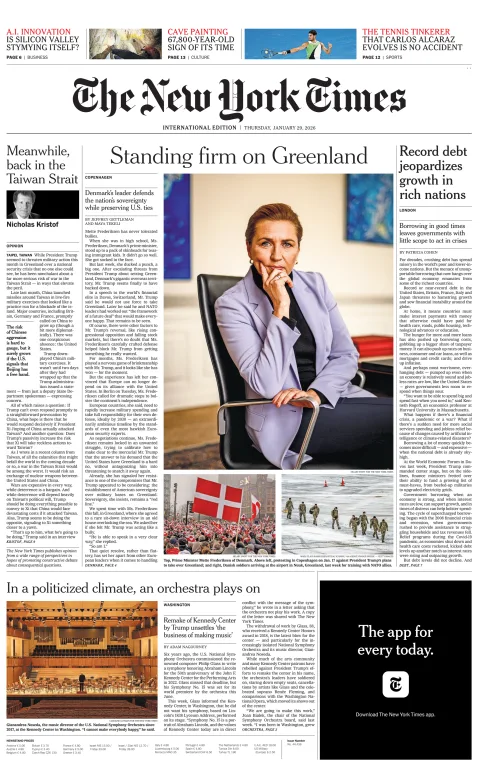 Portada de The New York Times (international) del jueves, 29 de enero de 2026