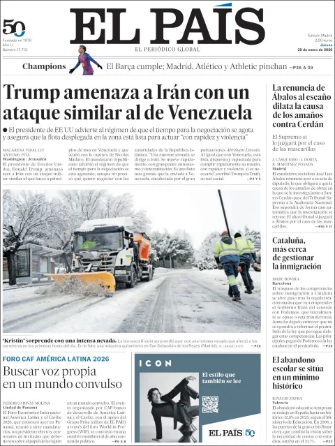 Portada de El Pais del jueves, 29 de enero de 2026
