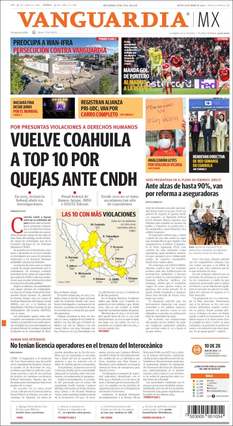 Portada de Vanguardia del jueves, 29 de enero de 2026