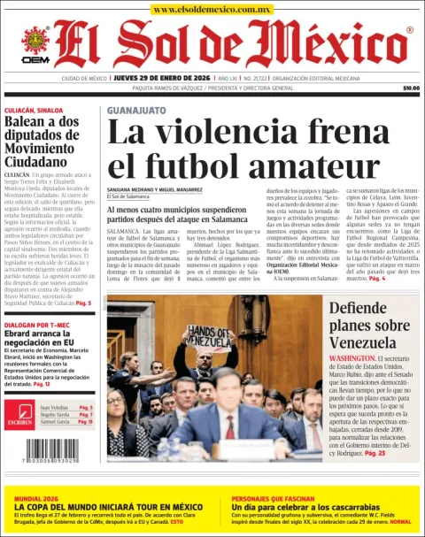 Portada de El Sol de Mexico del jueves, 29 de enero de 2026