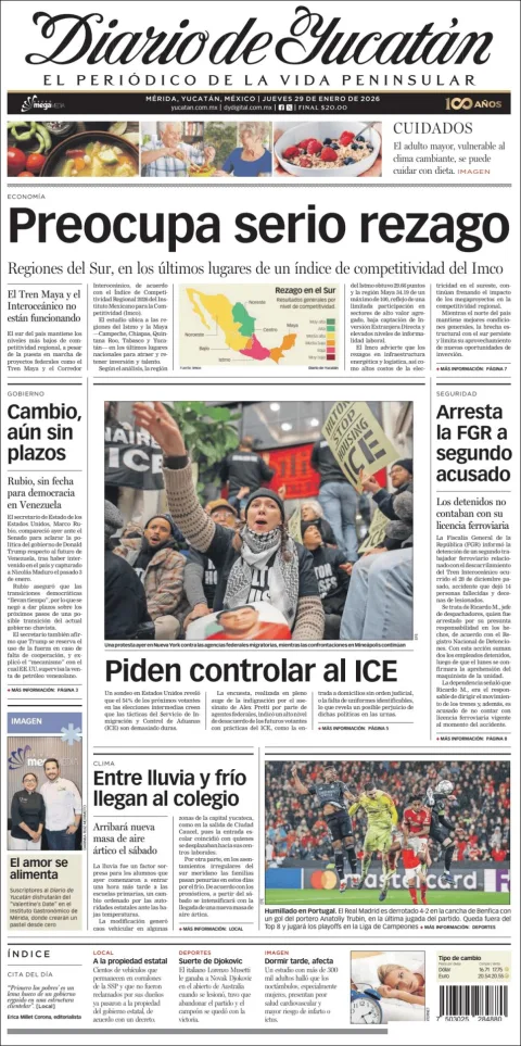 Portada de Diario de Yucatán del jueves, 29 de enero de 2026