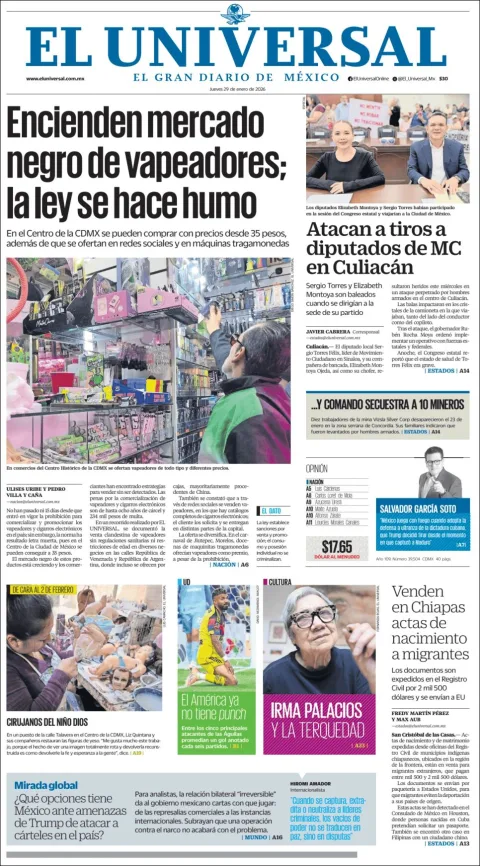 Portada de El Universal del jueves, 29 de enero de 2026