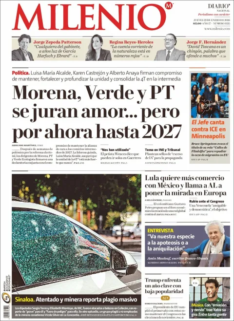 Portada de Milenio del jueves, 29 de enero de 2026
