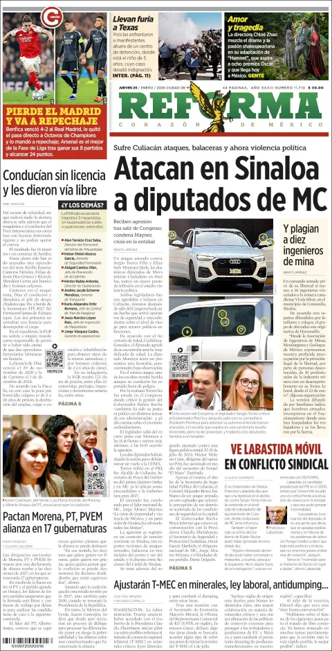 Portada de Reforma del jueves, 29 de enero de 2026