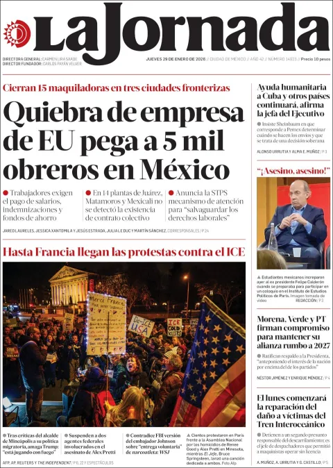 Portada de La Jornada del jueves, 29 de enero de 2026