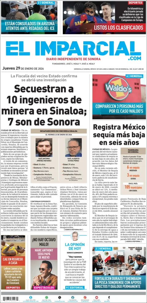 Portada de El Imparcial del jueves, 29 de enero de 2026