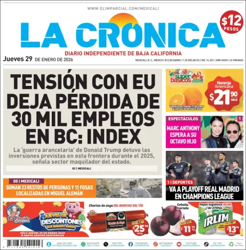 Portada de La Cronica del jueves, 29 de enero de 2026